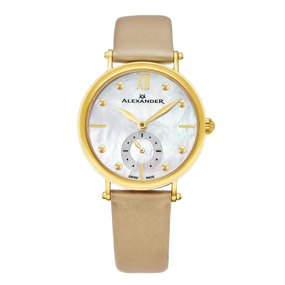 Alexander Roxana Swiss Quartz White Mother of Pearl Dial Gold Tone Case Women's Watch