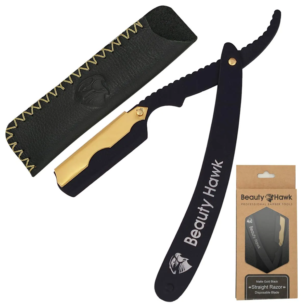 Beauty Hawk Professional Straight Edge Razor Blade - Shaving Razors for Men with 50 PCS Single Edge Blades - 24K Gold Plated Cap