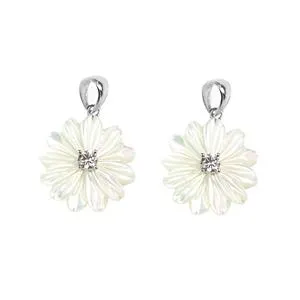 Carved South Sea Mother of Pearl Flower Charms with White Zircon, Approx 20mm, 2pcs