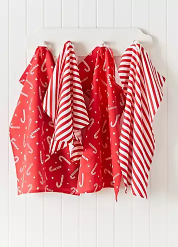 Catherine Lansfield Christmas Candy Cane Set of 4 Tea Towels | Kaleidoscope