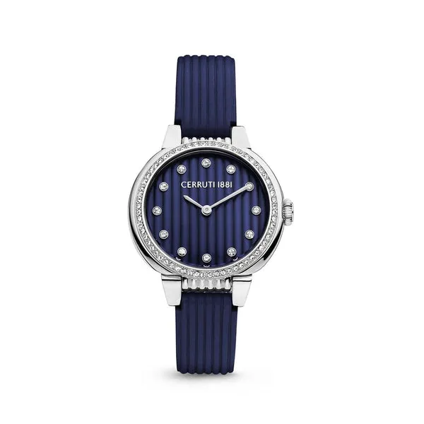 Cerruti Ladies Watch Stainless Steel Case With Stones / Blue Dial & Blue Leather Strap