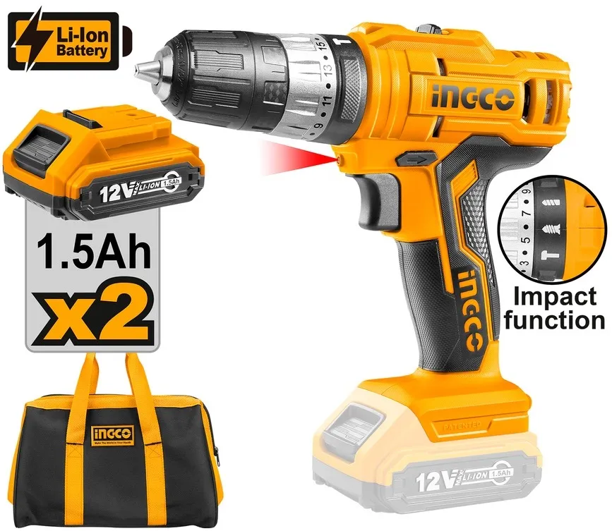 INGCO 12V 2X1.5AH LI-ION IMPACT DRILL, CIDLI1222