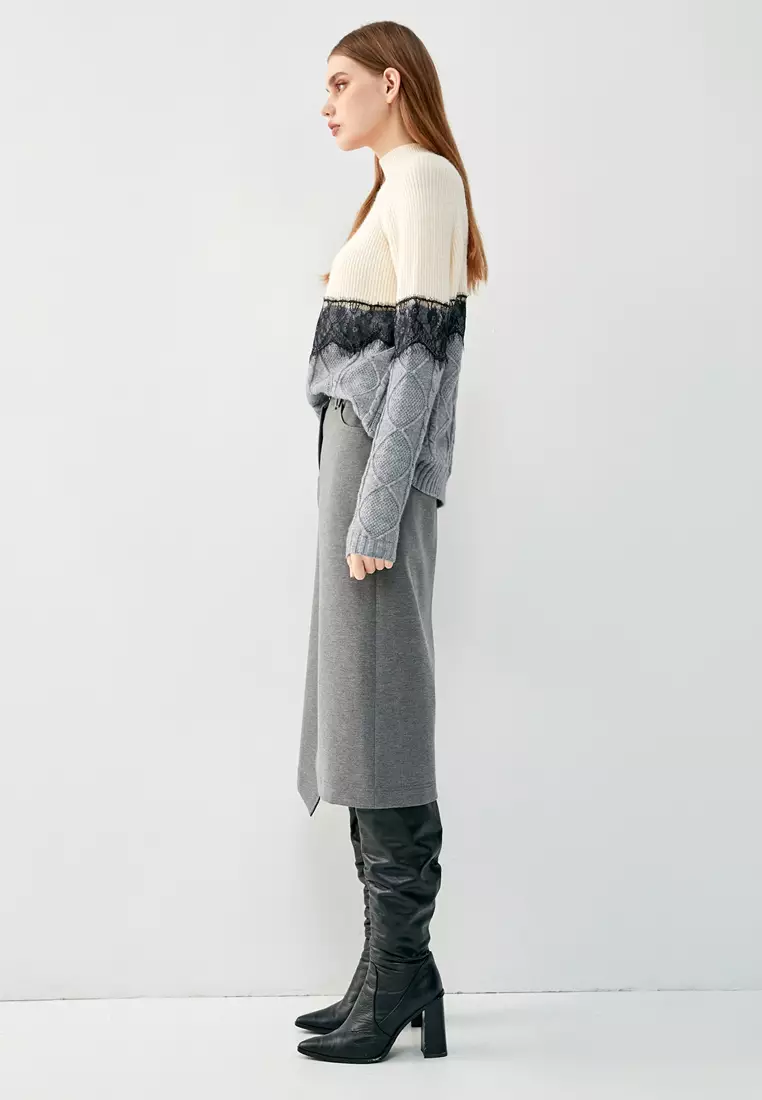 iROO Front Slit Asymmetric Grey Skirt