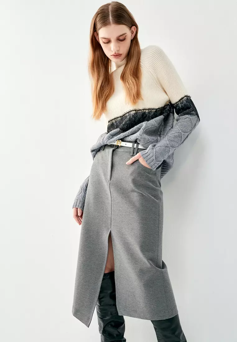 iROO Front Slit Asymmetric Grey Skirt