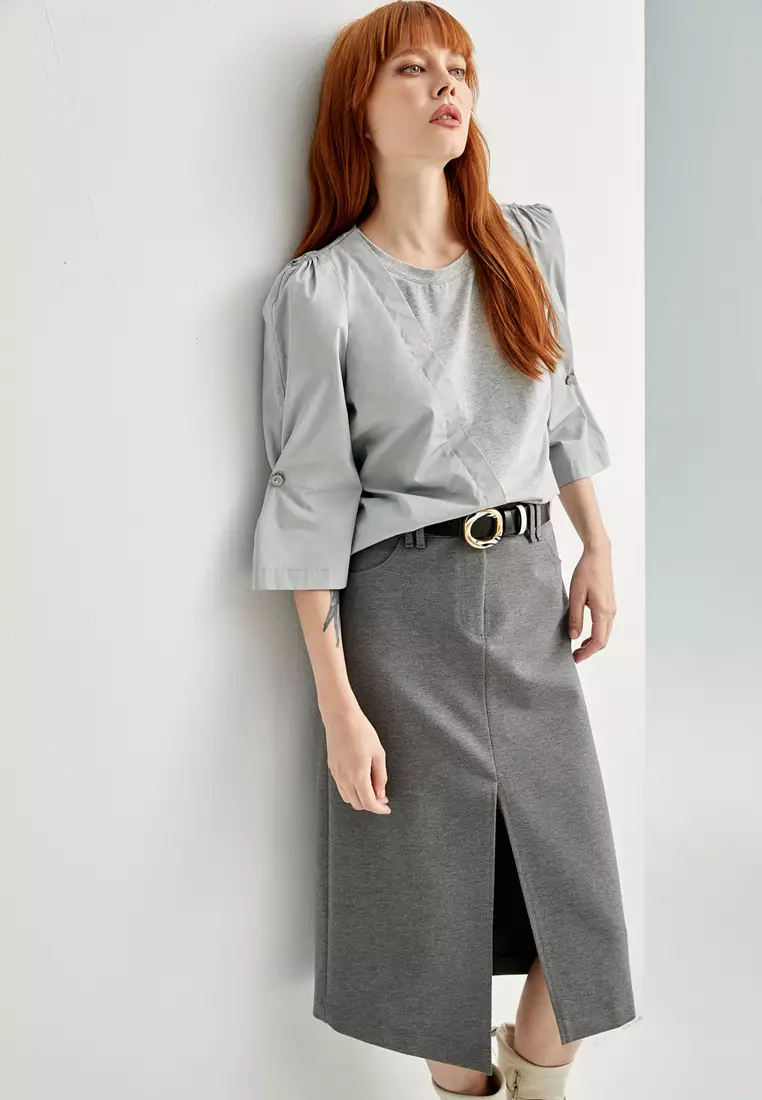 iROO Front Slit Asymmetric Grey Skirt