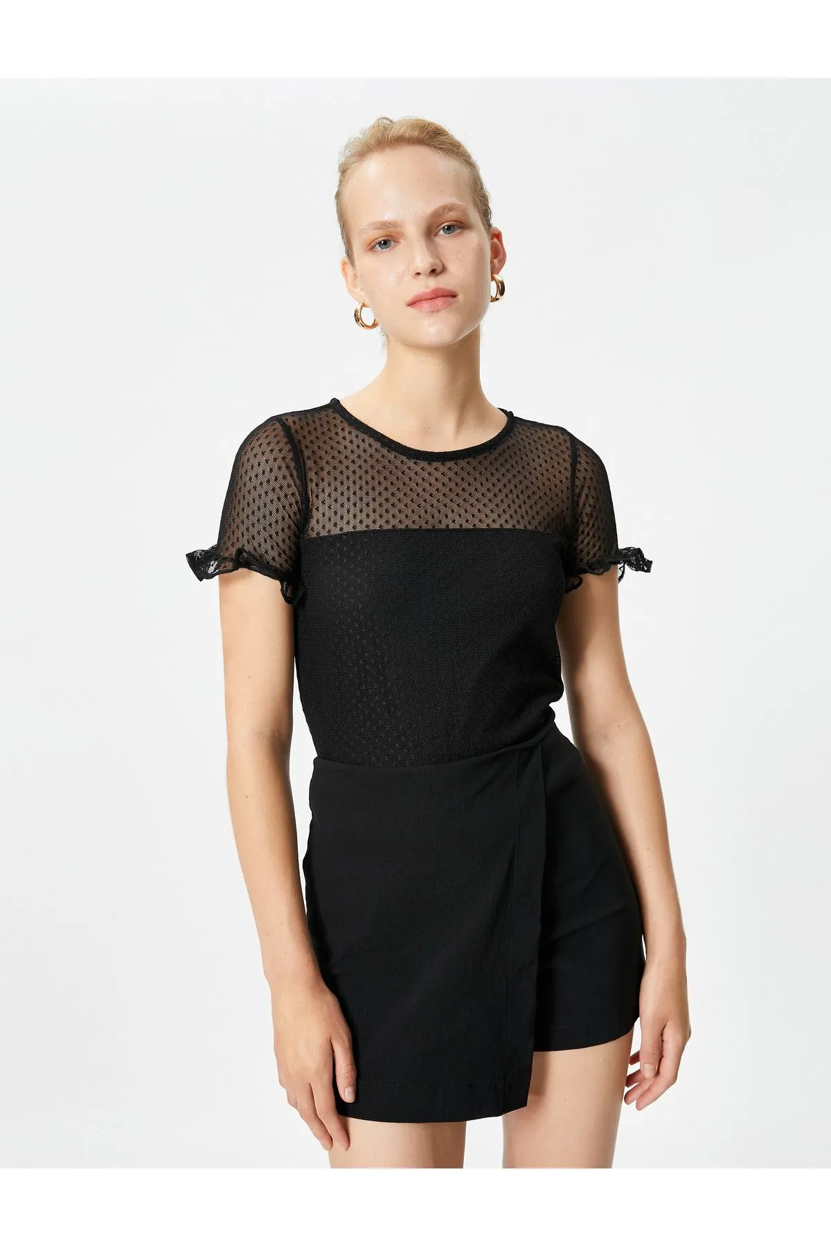 Lace T-Shirt Short Sleeve Crew Neck Ruffle