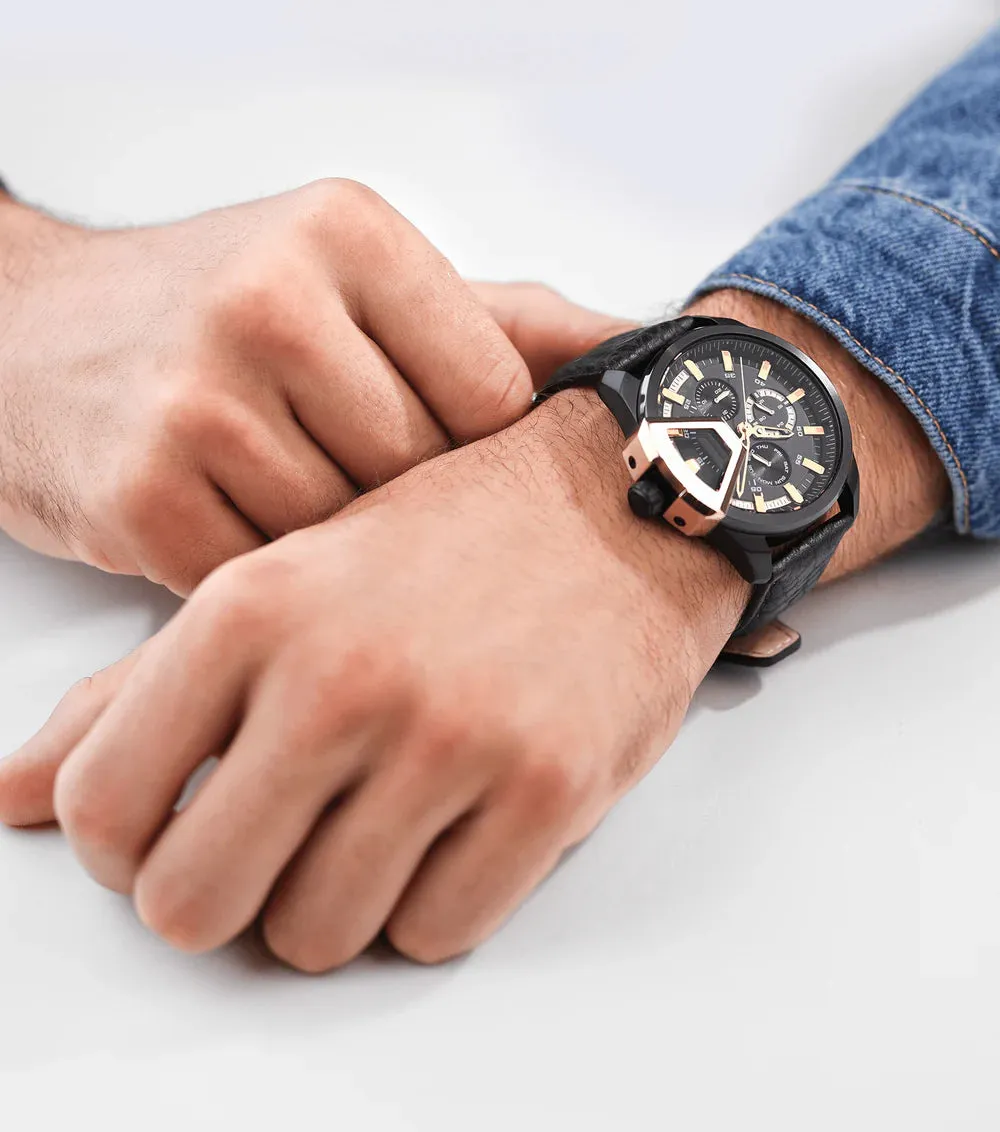 Police Underlined Gents Black Dial Black Case Black Leather Strap Watch