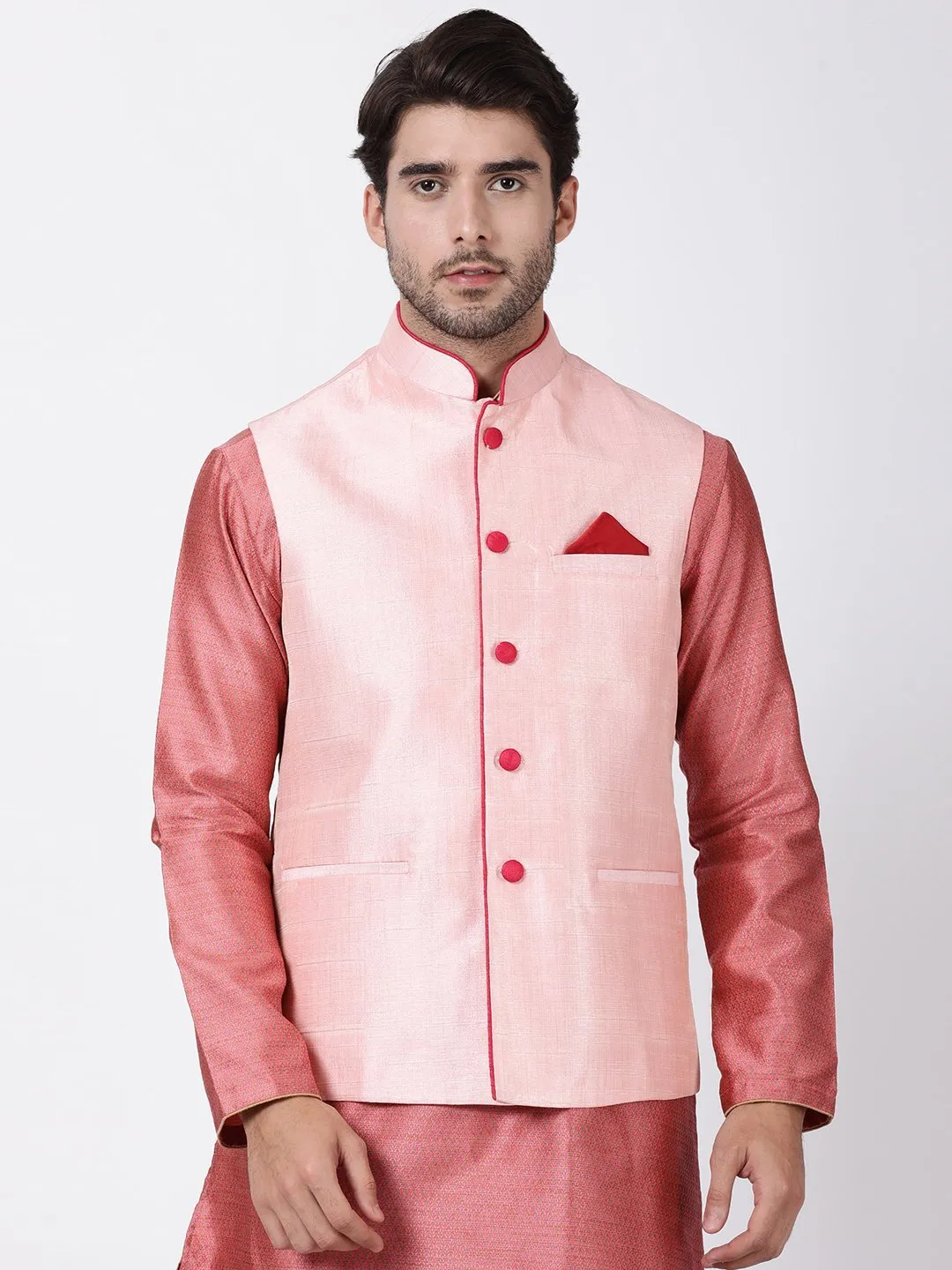 VASTRAMAY Men's Pink Cotton Silk Blend Ethnic Jacket
